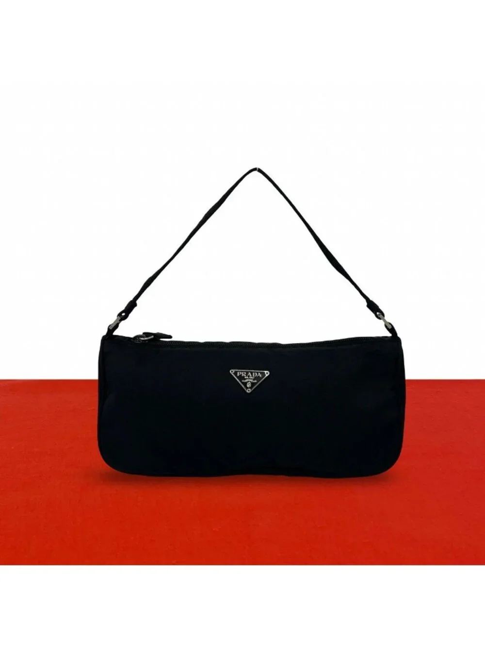 Prada Triangle Logo Plate Tessuto Nylon Mini Handbag Pouch Black